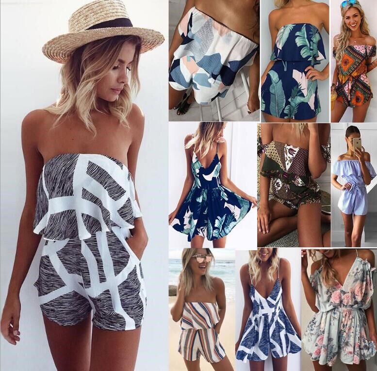 Multiple Colour V-neck Printed Jumpsuit Bodysuit 春夏连体裤