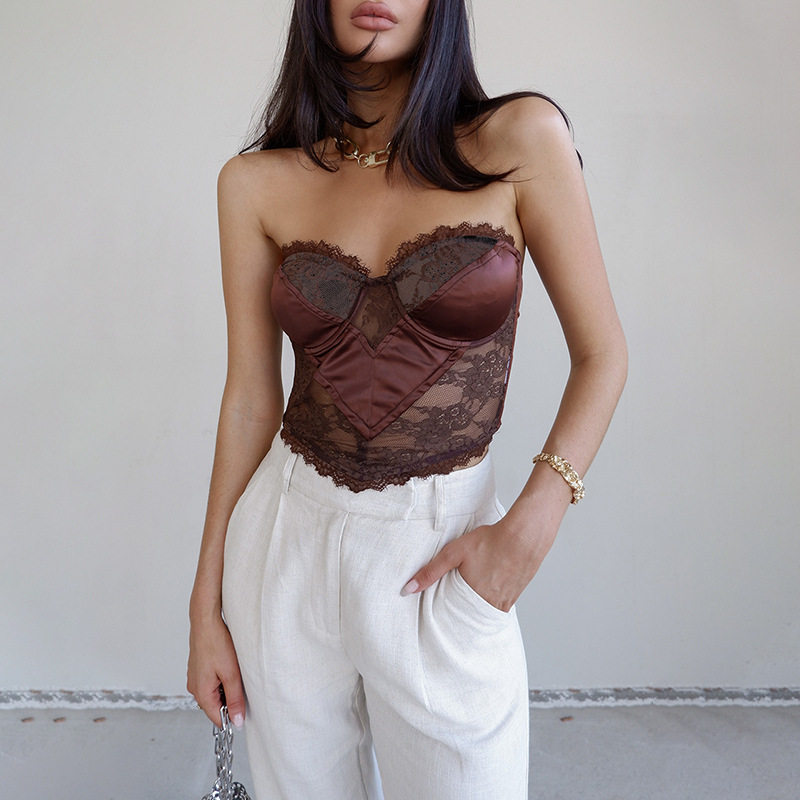 性感蕾丝拼接裹胸短款一字领百搭小背心上衣女潮 short vest tops