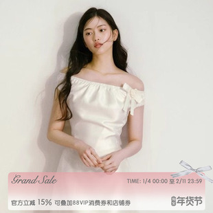 RECIT 白色丝毛缎面松紧一字肩蝴蝶结收腰韩系千金少女感连衣裙