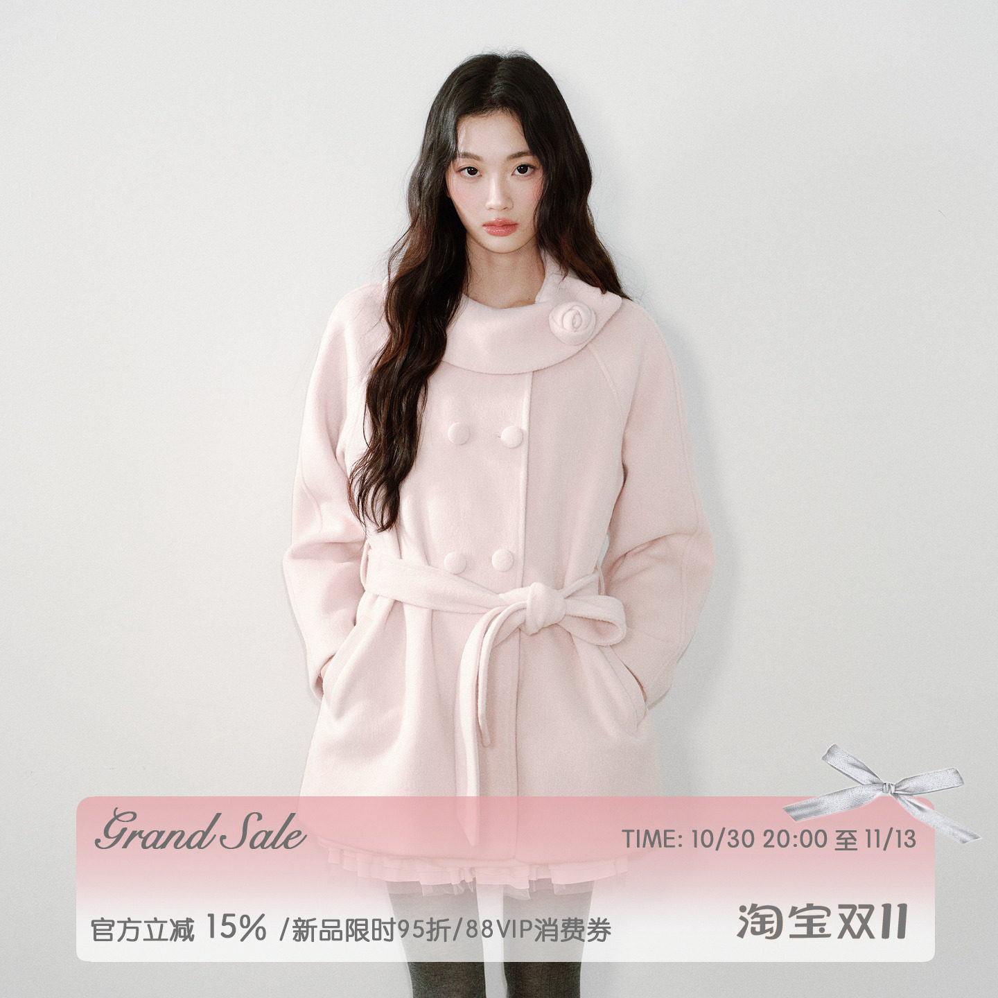 RECIT【新品限时9.5折】粉色立体玫瑰双面呢大衣女双排扣毛呢外套