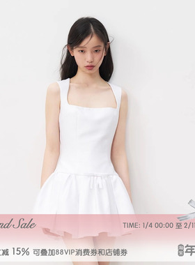 RECIT 白色缎面复古千金感U领连衣裙女冬季蝴蝶结收腰A字蓬蓬短裙