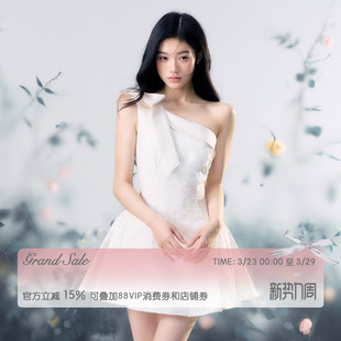 RECIT 立体蝴蝶结斜肩无袖连衣裙女春夏少女风花朵肌理设计感短裙