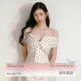 RECIT 复古千金风缎面波点立体蝴蝶结一字肩收腰连衣裙生日裙 法式