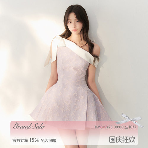 RECIT 薰衣草紫油画提花斜肩连衣裙女秋装立体蝴蝶结收腰A字短裙