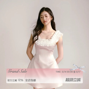 RECIT 粉色缎面拼接白色木耳边撞色一字肩收腰连衣裙生日裙千金风