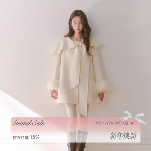 短款 蝴蝶结搭片毛毛袖 毛呢外套 白色100%羊毛双面大衣女冬季 RECIT