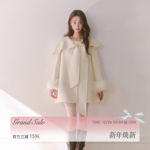 RECIT白色100%羊毛双面呢大衣