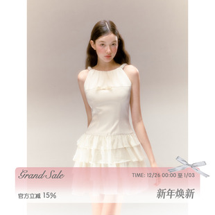 RECIT原创设计 缎面挂脖连衣裙立体珍珠三层蛋糕裙