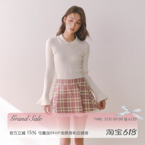 RECIT 莓果可可 磨毛感粉棕复古格纹磨毛宽百褶拼接蕾丝半身裙