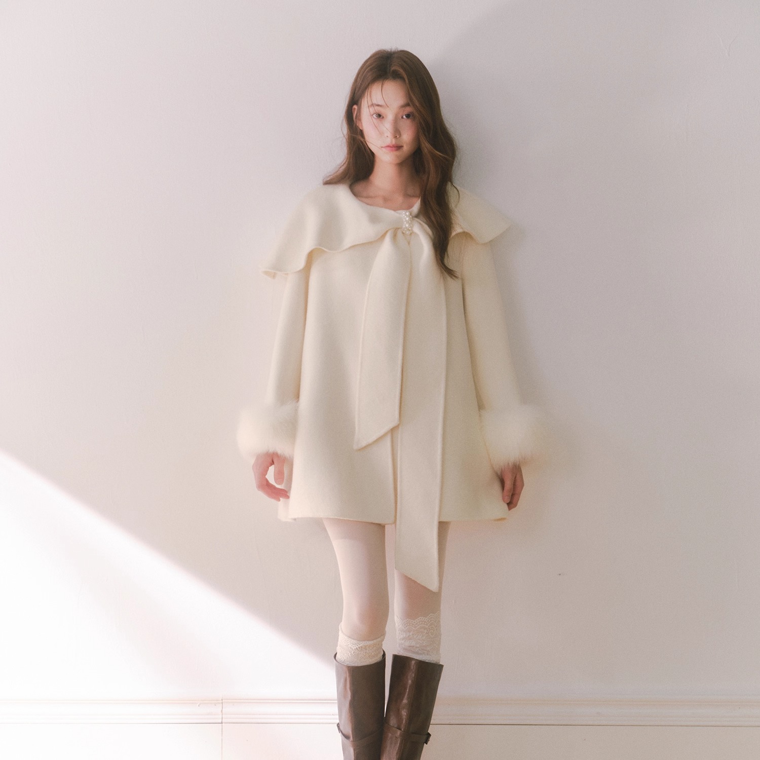 RECIT白色100%羊毛双面呢大衣