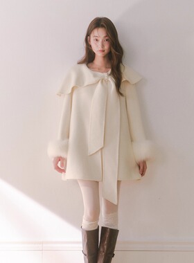 RECIT 白色100%羊毛双面大衣女秋冬蝴蝶结搭片毛毛袖短款毛呢外套