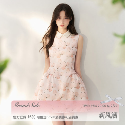 RECIT法式缎面油画玫瑰连衣裙