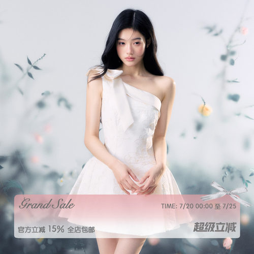 RECIT 米白色立体蝴蝶结斜肩连衣裙女夏季小众设计感收腰无袖短裙