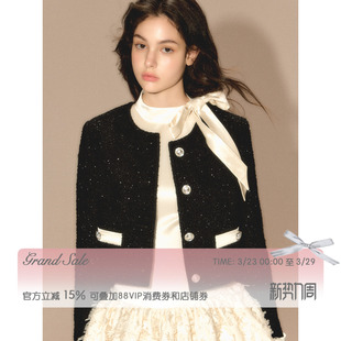 RECIT原创设计 黑色细闪小香风短外套女春装千金风重工编短款外套