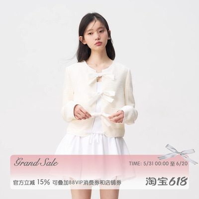 米白撞色设计胸口蝴蝶结系带