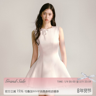 RECIT 淡粉色光泽缎面背心连衣裙女冬季拼接网纱芭蕾风无袖蓬蓬裙