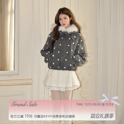 RECIT 灰色立体毛绒波点连帽毛领休闲少女风羊毛短款大衣短外套