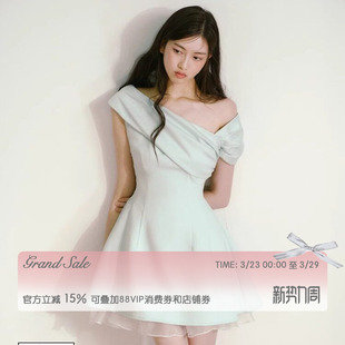 RECIT 薄荷绿一字斜肩连衣裙女春夏千金风小众设计独特漂亮掐腰裙