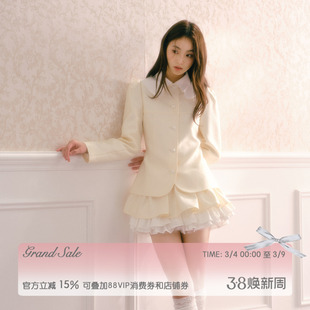 RECIT 香槟色缎面小香风套装女春装娃娃领外套多层蓬蓬短裙两件套