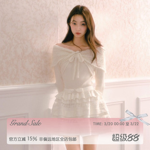 RECIT 白色镂空马海毛混纺千金感一字肩蝴蝶结修身长袖针织衫上衣