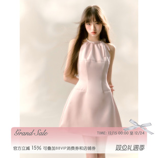 短裙子 蝴蝶结收腰A字无袖 RECIT 粉色缎面光泽感挂脖连衣裙女冬季