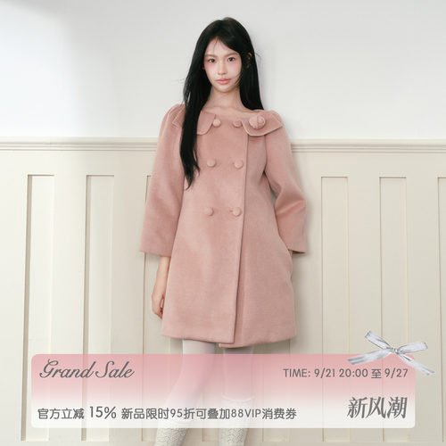 RECIT【9/21 20:00见】复古少女感七分袖双排扣毛呢大衣