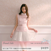 RECIT 粉色缎面撞色小高领假两件拼纱腰带收腰蓬蓬裙千金连衣裙