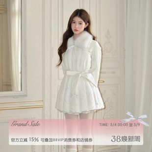 RECIT 白色拼接毛领收腰系带90国标白鸭绒少女中长款排骨羽绒服