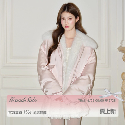 RECIT 淡粉色光泽感缎面拼毛廓形ins少女风宽松慵懒感羽绒服冬