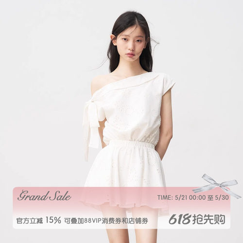 白色法式斜肩系带连衣裙