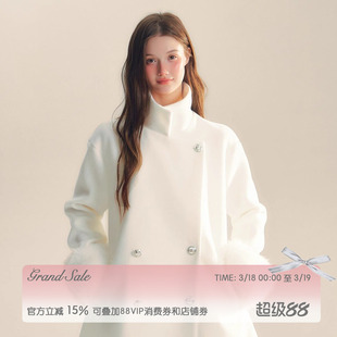 RECIT 白色富家千金含羊毛大衣女冬装宽松高级感立领短款毛呢外套