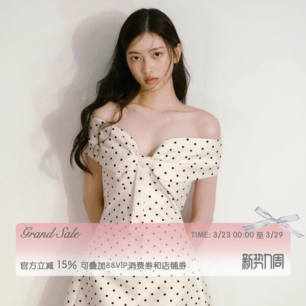 RECIT 法式复古千金风缎面波点立体蝴蝶结一字肩收腰连衣裙生日裙