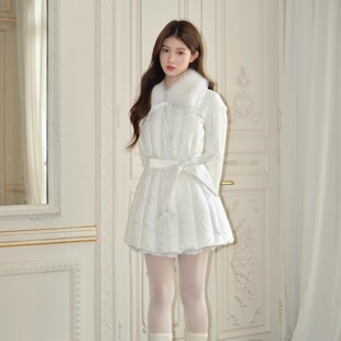 RECIT 白色拼接毛领收腰系带90国标白鸭绒少女中长款排骨羽绒服