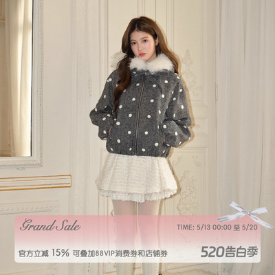 RECIT 灰色立体毛绒波点连帽毛领休闲少女风羊毛短款大衣短外套