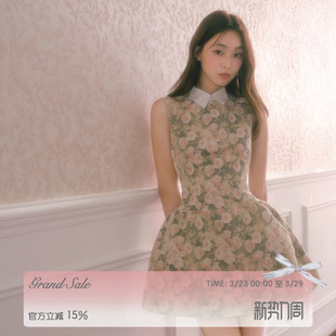 RECIT 玫瑰油画衬衫领无袖连衣裙女春夏千金风蓬蓬修身收腰背心裙