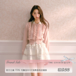 RECIT 粉色娃娃领含羊毛针织开衫女春装小众设计感短款毛衣外套