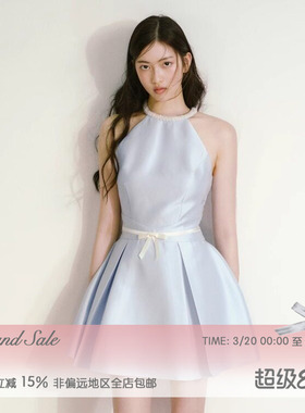 RECIT 光泽缎面珍珠挂脖连衣裙女春夏小众设计感收腰无袖蓬蓬短裙