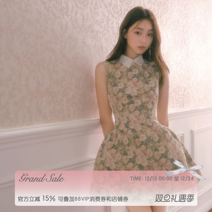 RECIT 玫瑰油画衬衫领无袖连衣裙女冬季千金风蓬蓬修身收腰背心裙