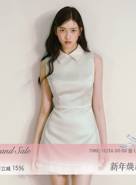 RECIT 薄荷绿缎面光泽感尖领收腰百褶假两件裙摆直筒连衣裙生日裙