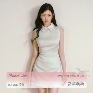 RECIT 薄荷绿缎面光泽感尖领收腰百褶假两件裙摆直筒连衣裙生日裙