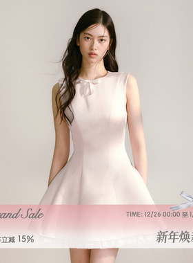 RECIT 淡粉色光泽缎面背心连衣裙女冬季拼接网纱芭蕾风无袖蓬蓬裙