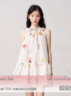 【任敏同款】RECIT 抽象花卉蝴蝶结系带挂脖连衣裙木耳边蓬蓬短裙