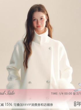 RECIT 白色富家千金含羊毛大衣女冬装宽松高级感立领短款毛呢外套