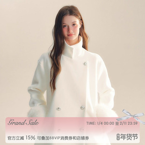 RECIT 白色富家千金含羊毛大衣女冬装宽松高级感立领短款毛呢外套