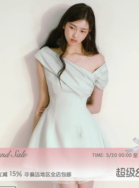 RECIT 薄荷绿一字斜肩连衣裙女春夏千金风小众设计独特漂亮掐腰裙