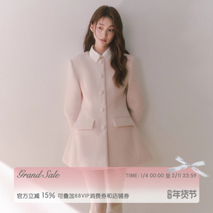 RECIT 嫩粉色千金风含羊毛大衣女冬装假两件衬衫领中短款毛呢外套