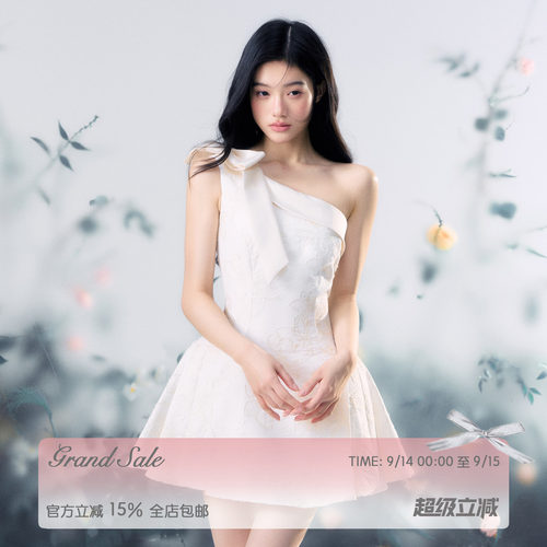 徐绿杨柳柳同款 RECIT 立体蝴蝶结斜肩连衣裙设计感收腰无袖短裙