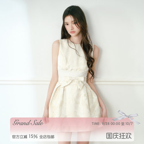 RECIT 米色光泽感提花蝴蝶结背心连衣裙女秋蕾丝腰封A字蓬蓬短裙