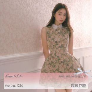 RECIT 玫瑰油画衬衫领无袖连衣裙女冬季千金风蓬蓬修身收腰背心裙