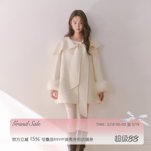 RECIT 白色100%羊毛双面大衣女秋冬蝴蝶结搭片毛毛袖短款毛呢外套